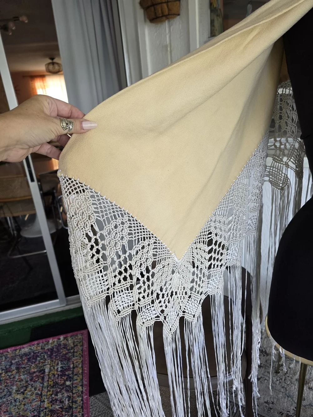 Vintage 70s Dramatic Fringe Wrap Boho Hippie Cream Shawl with White Fringe